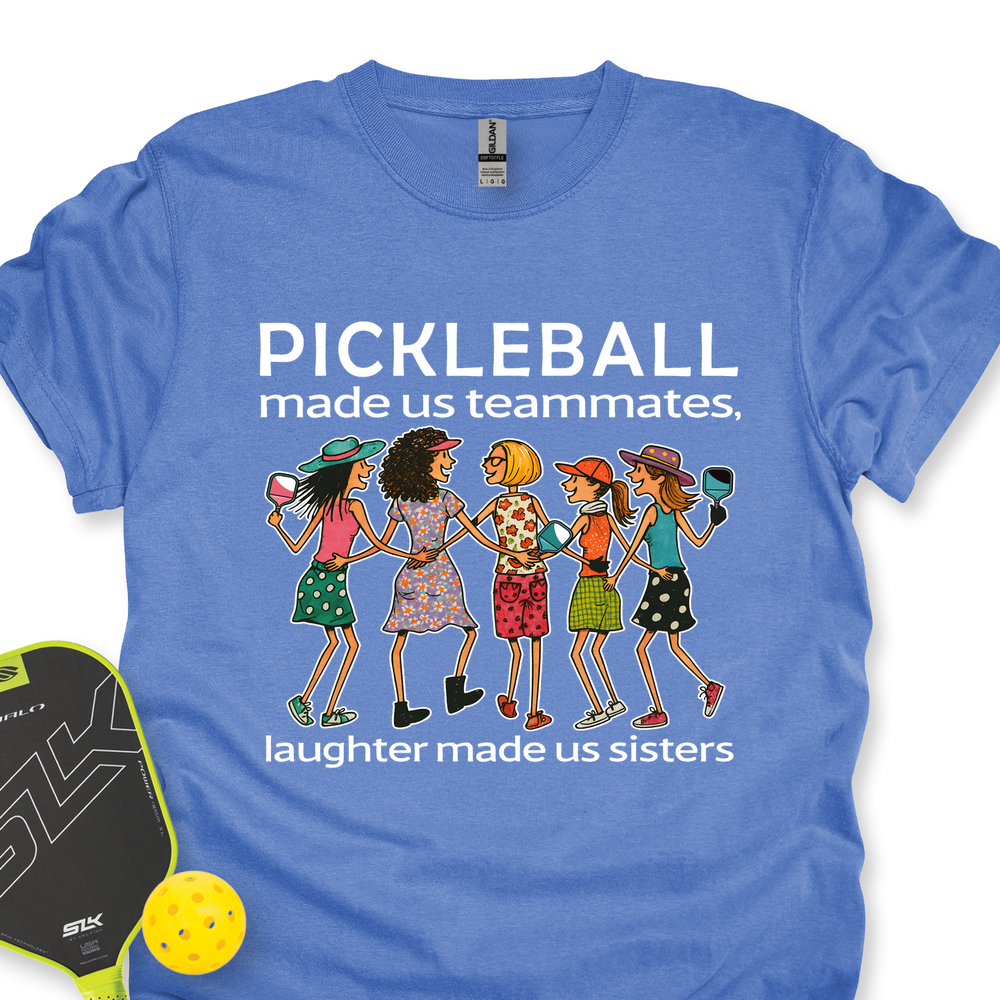 Blue t-shirt with pickleball-themed design and paddle and ball on a white background