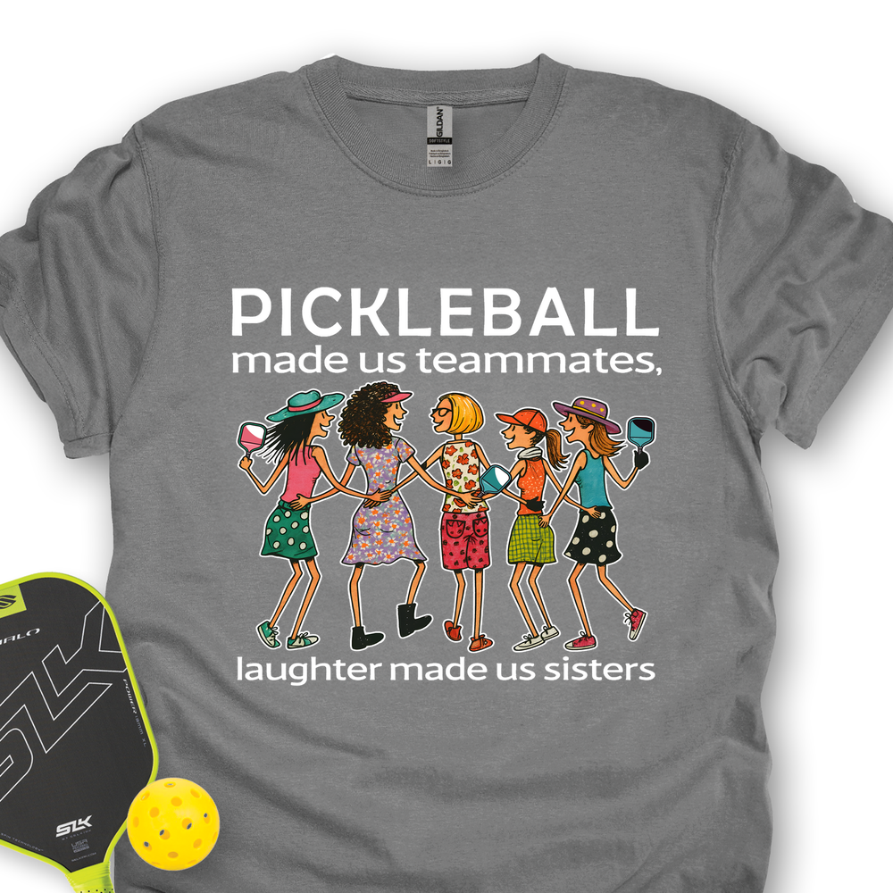 Gray t-shirt with pickleball-themed design and paddle and ball on a white background
