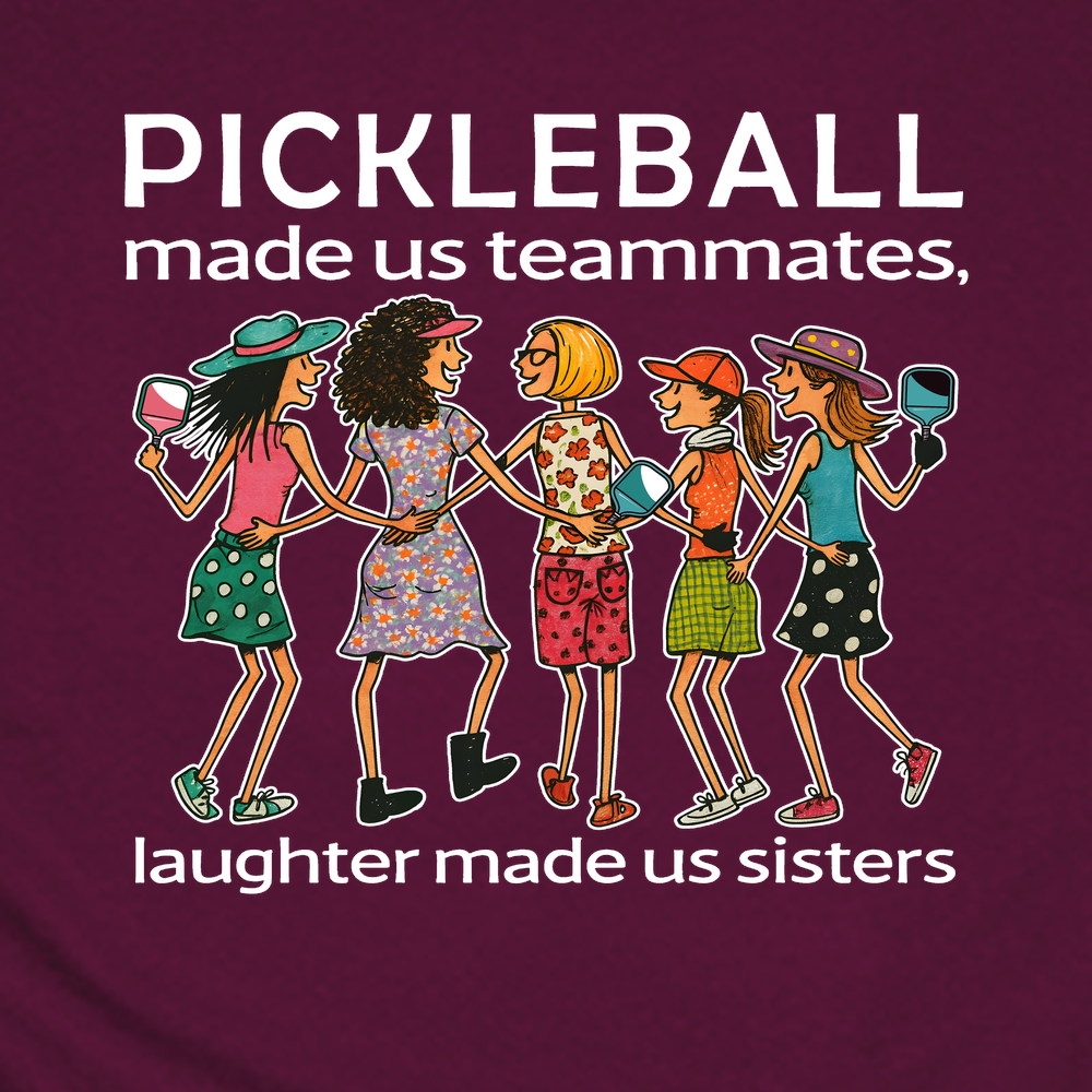 Maroon t-shirt with pickleball-themed design and text, featuring a paddle and ball on a white background.