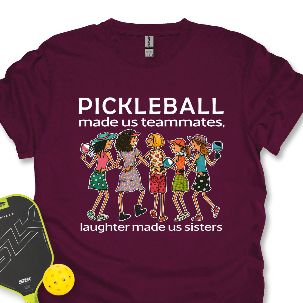 Maroon t-shirt with pickleball-themed design and text, featuring a paddle and ball on a white background.