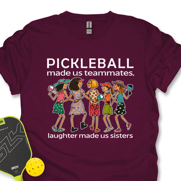 Maroon t-shirt with pickleball-themed design and text, featuring a paddle and ball on a white background.