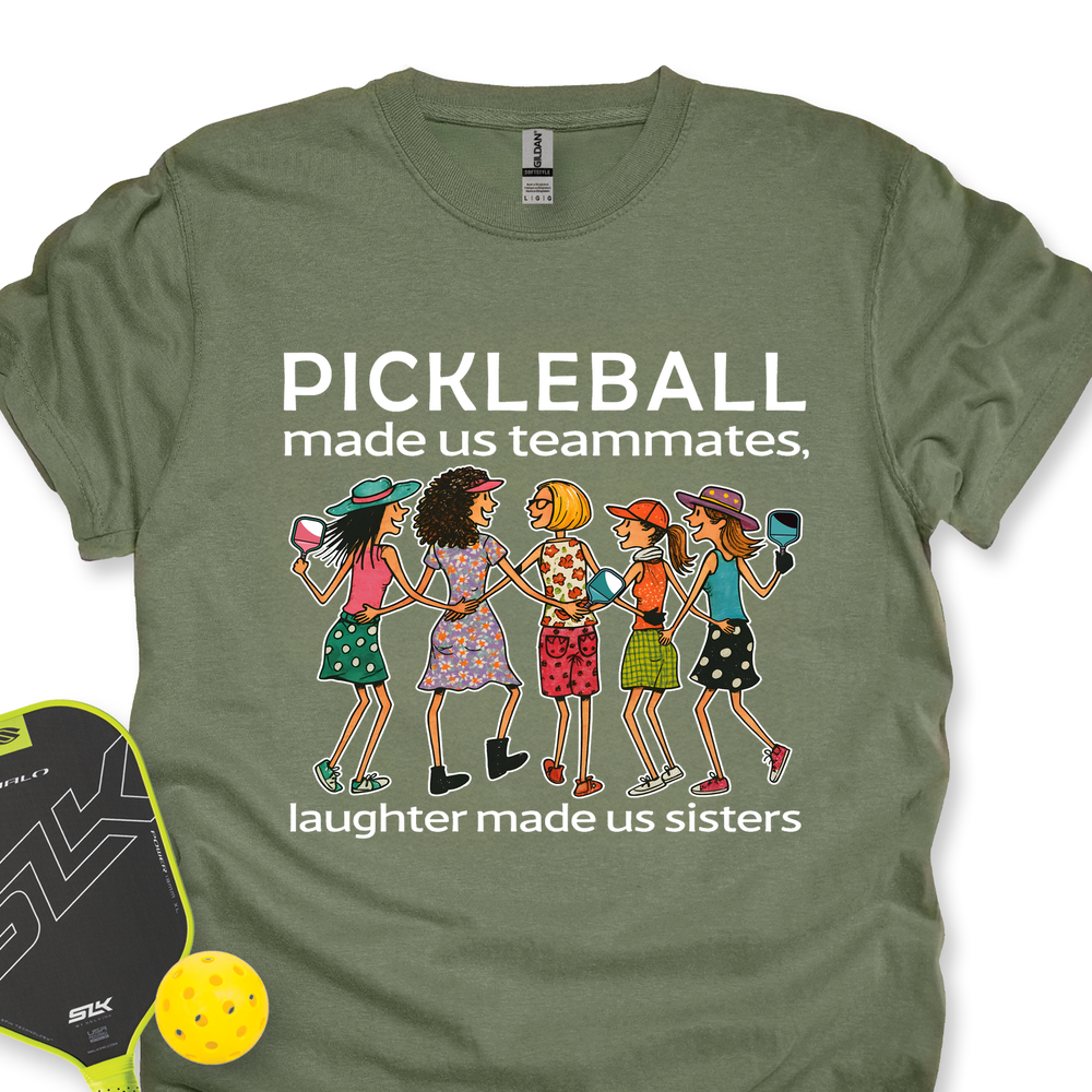 Green t-shirt with pickleball-themed design and paddle and ball on a white background
