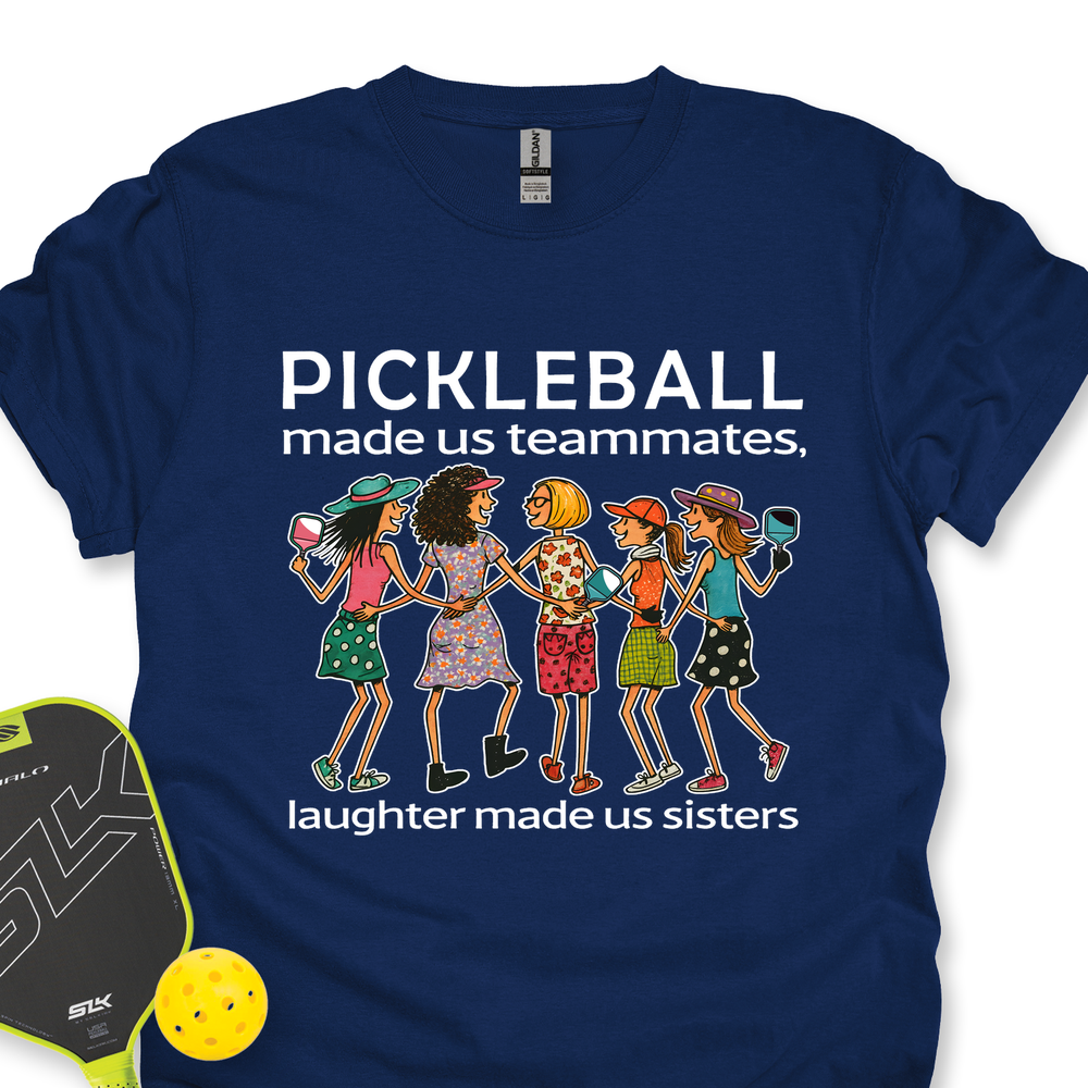 Navy blue t-shirt with pickleball-themed design and text, featuring a paddle and ball on a white background.
