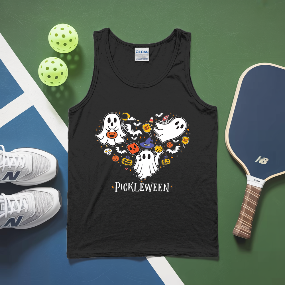 Navy tank top with 'Pickleween' design on a sports ball and paddle background