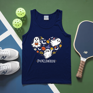 Navy tank top with 'Pickleween' design on a sports ball and paddle background