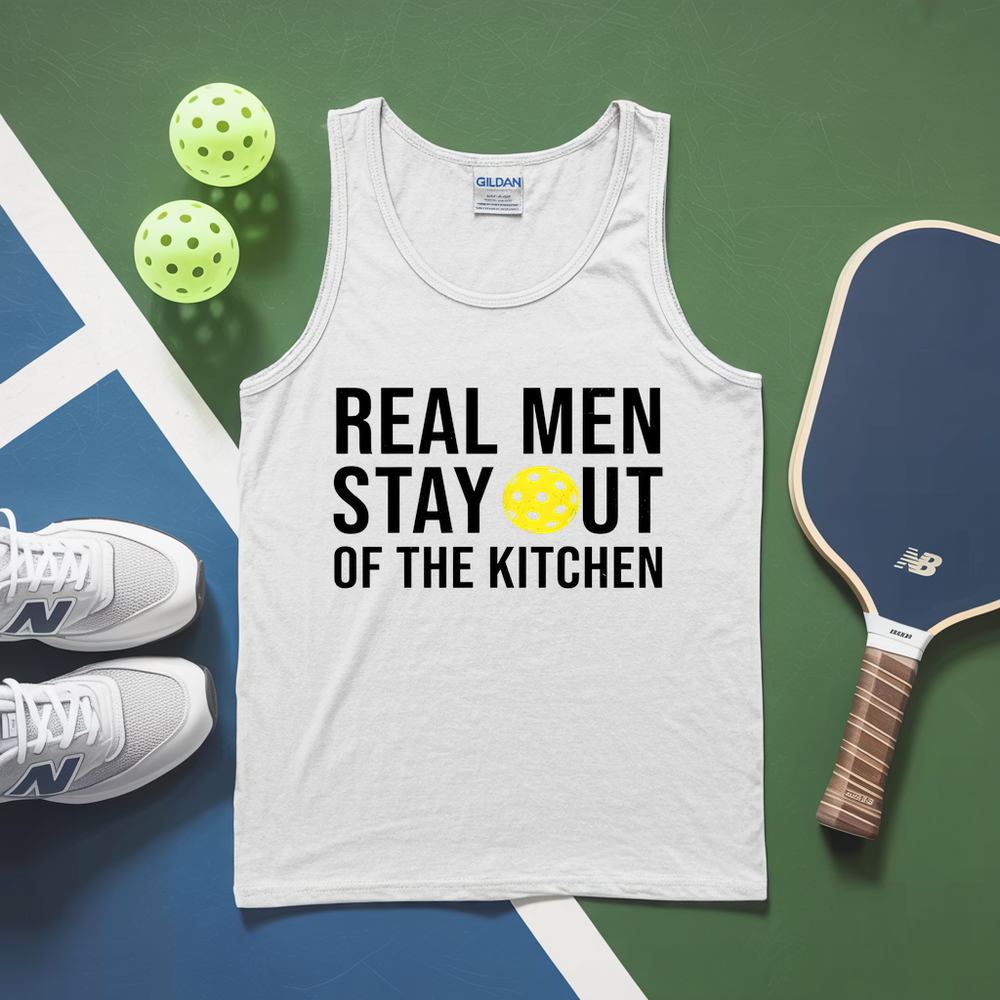 White tank top with text, pickleballs, and a paddle on a green and blue background