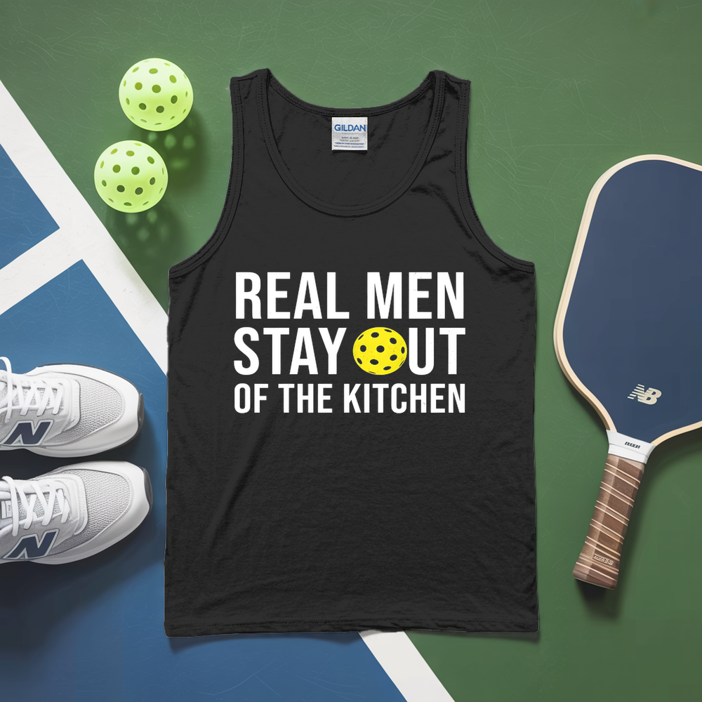 Black tank top with humorous text on a green and blue background with pickleball equipment.