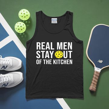 Black tank top with humorous text on a green and blue background with pickleball equipment.