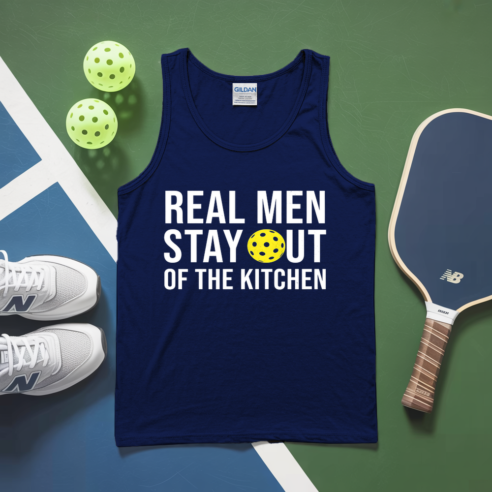 Navy tank top with humorous text on a sports-themed background with pickleballs, shoes, and paddle.