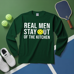 Green long-sleeve shirt with text on a green and blue surface with sports equipment.