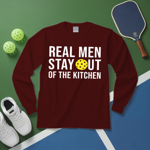 Maroon long-sleeve shirt with text on a green and blue surface with sports equipment.