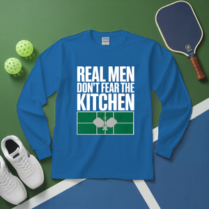Blue long-sleeve shirt with text on a green and blue background with sports equipment.