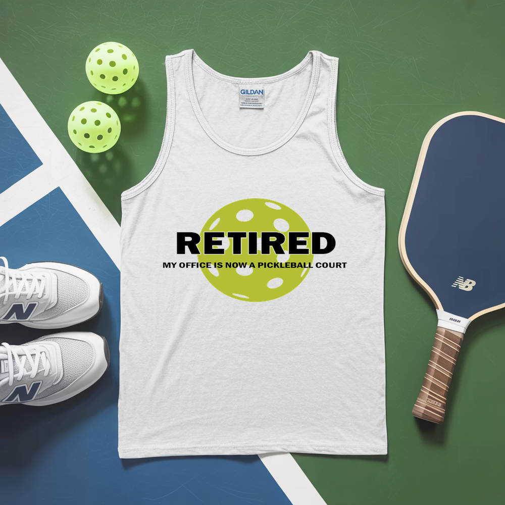 White tank top with 'RETired' design, pickleballs, and paddle on a green and blue background