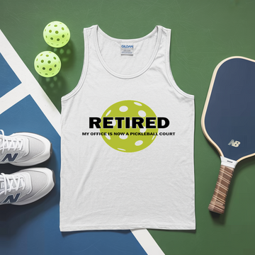 White tank top with 'RETired' design, pickleballs, and paddle on a green and blue background