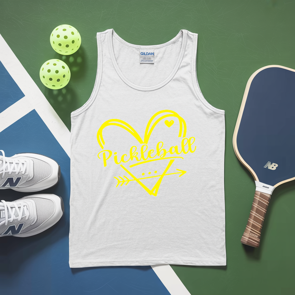White tank top with yellow 'Pickleball' design, pickleballs, and paddle on a green and blue surface
