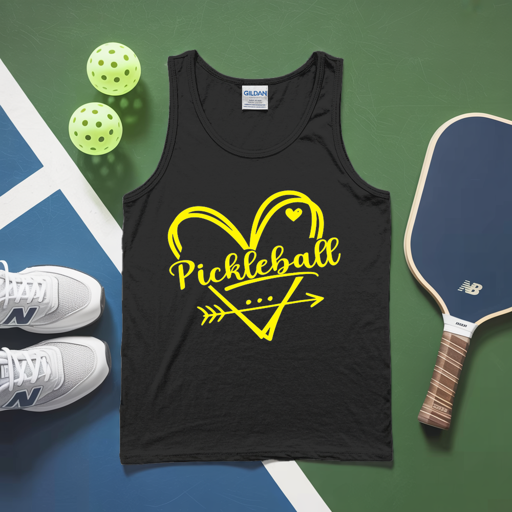 Black tank top with yellow 'Pickleball' design on a green and blue background with pickleballs and a paddle.