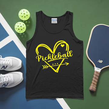 Black tank top with yellow 'Pickleball' design on a green and blue background with pickleballs and a paddle.