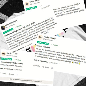 Reviews and feedback on a T-shirt displayed on a surface