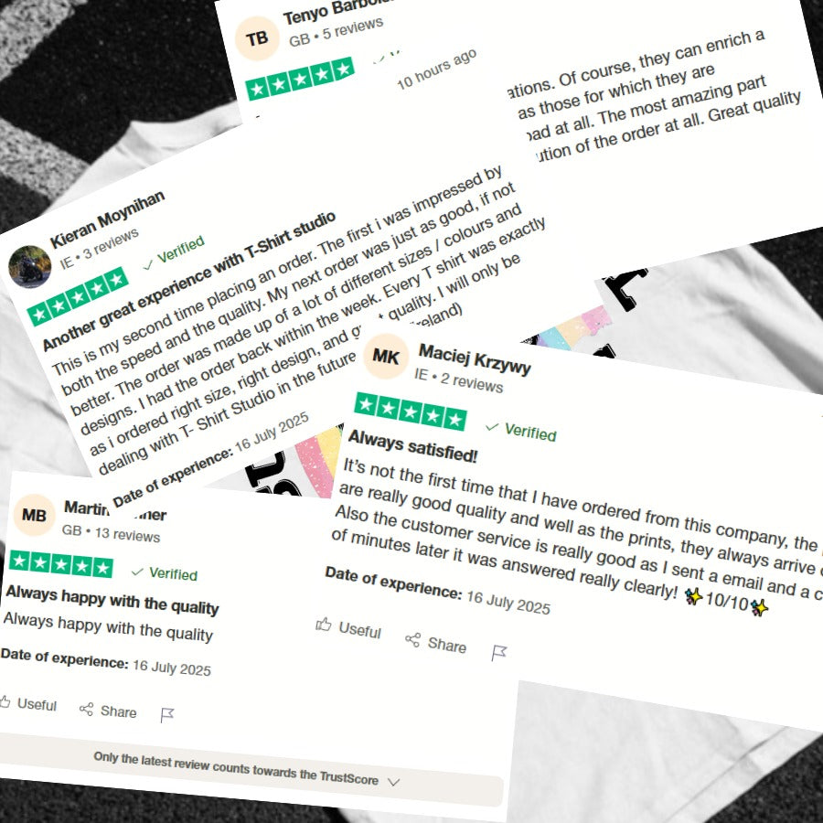 Reviews and feedback on a T-shirt displayed on a surface