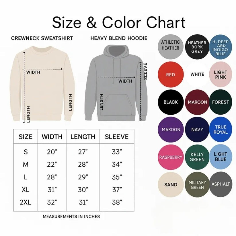 Size and color chart for sweatshirts and hoodies with measurements and color options.
