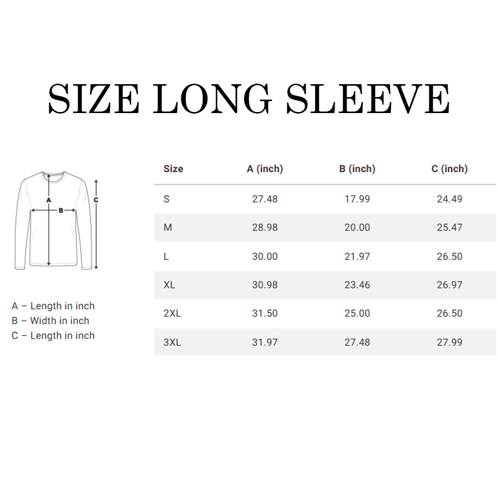 Size chart for long-sleeve shirts with dimensions labeled A, B, and C.
