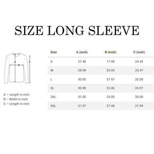 Size chart for long-sleeve shirts with dimensions labeled A, B, and C.