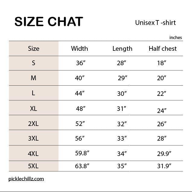 Size chart for a unisex t-shirt with dimensions in inches.