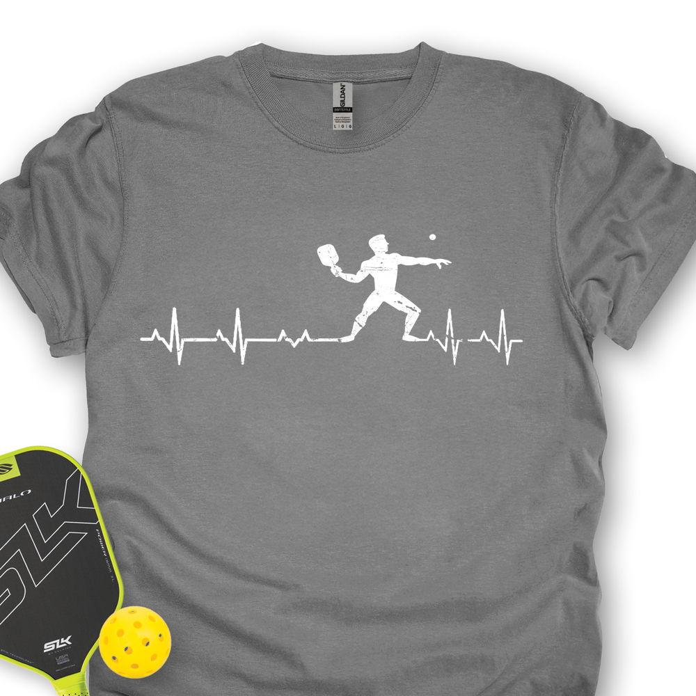 Gray t-shirt with pickleball design and paddle and ball on a white background