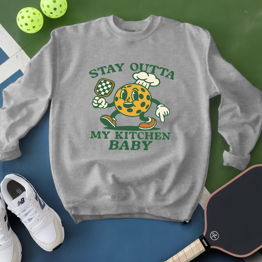 Gray sweatshirt with a cartoon character and text on a green and blue background