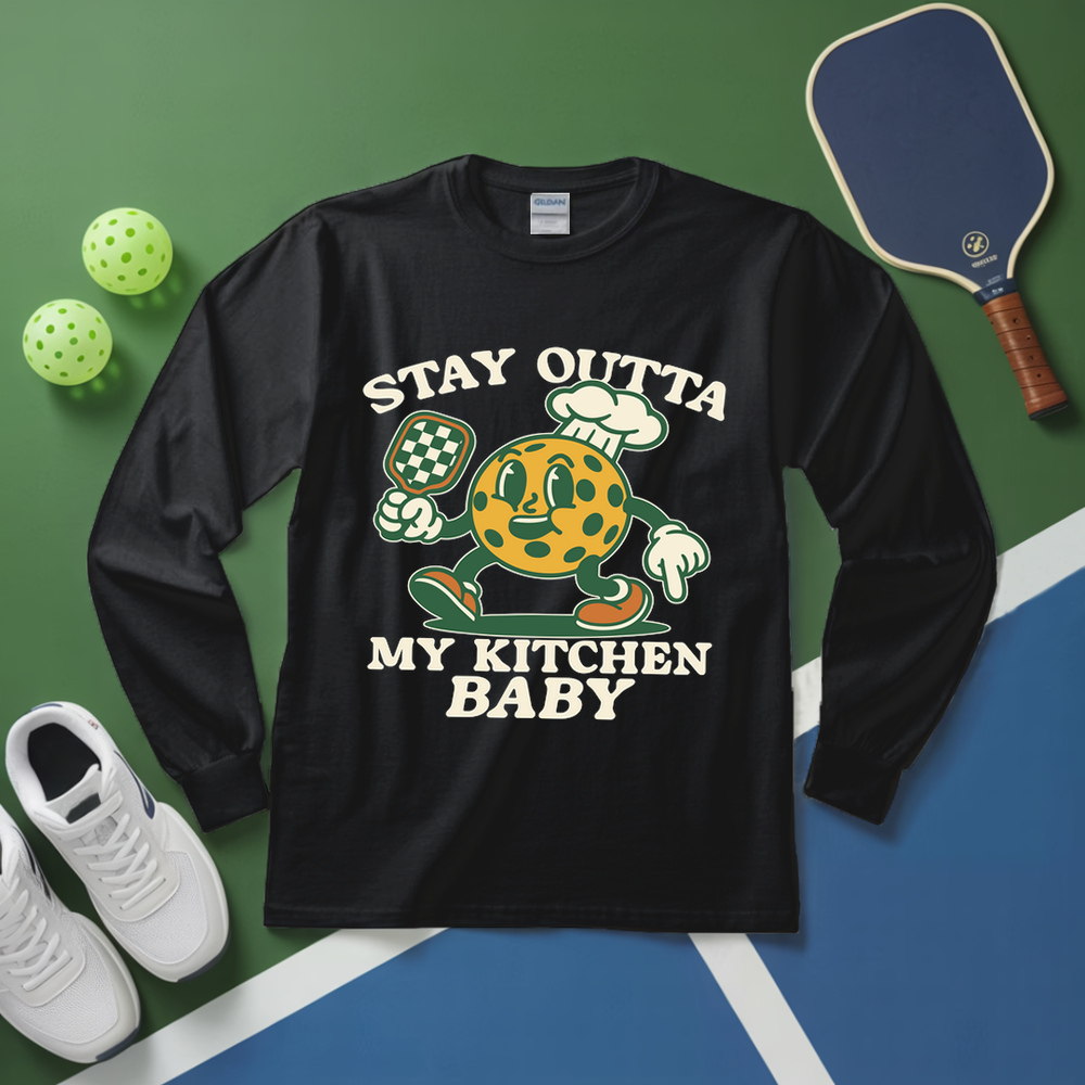 Black long-sleeve shirt with graphic design and text on a green and blue background