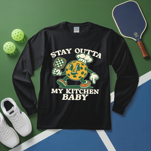 Black long-sleeve shirt with graphic design and text on a green and blue background