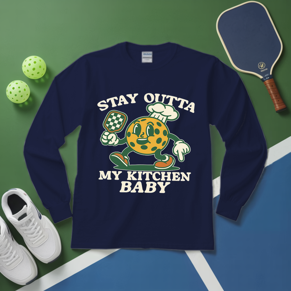Navy blue long-sleeve shirt with graphic design and text on a green and blue background.