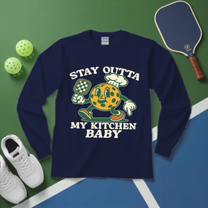 Navy blue long-sleeve shirt with graphic design and text on a green and blue background.