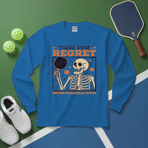 Blue long-sleeve shirt with skeleton design and pickleball theme on a green and blue background.
