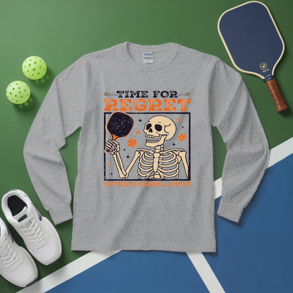 Gray long-sleeve shirt with skeleton design and text on a green and blue background with sports equipment.