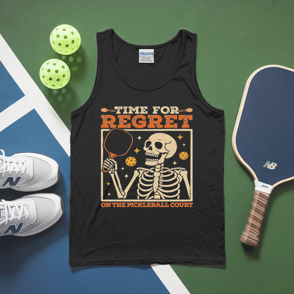 Black tank top with skeleton design and text on a pickleball court background