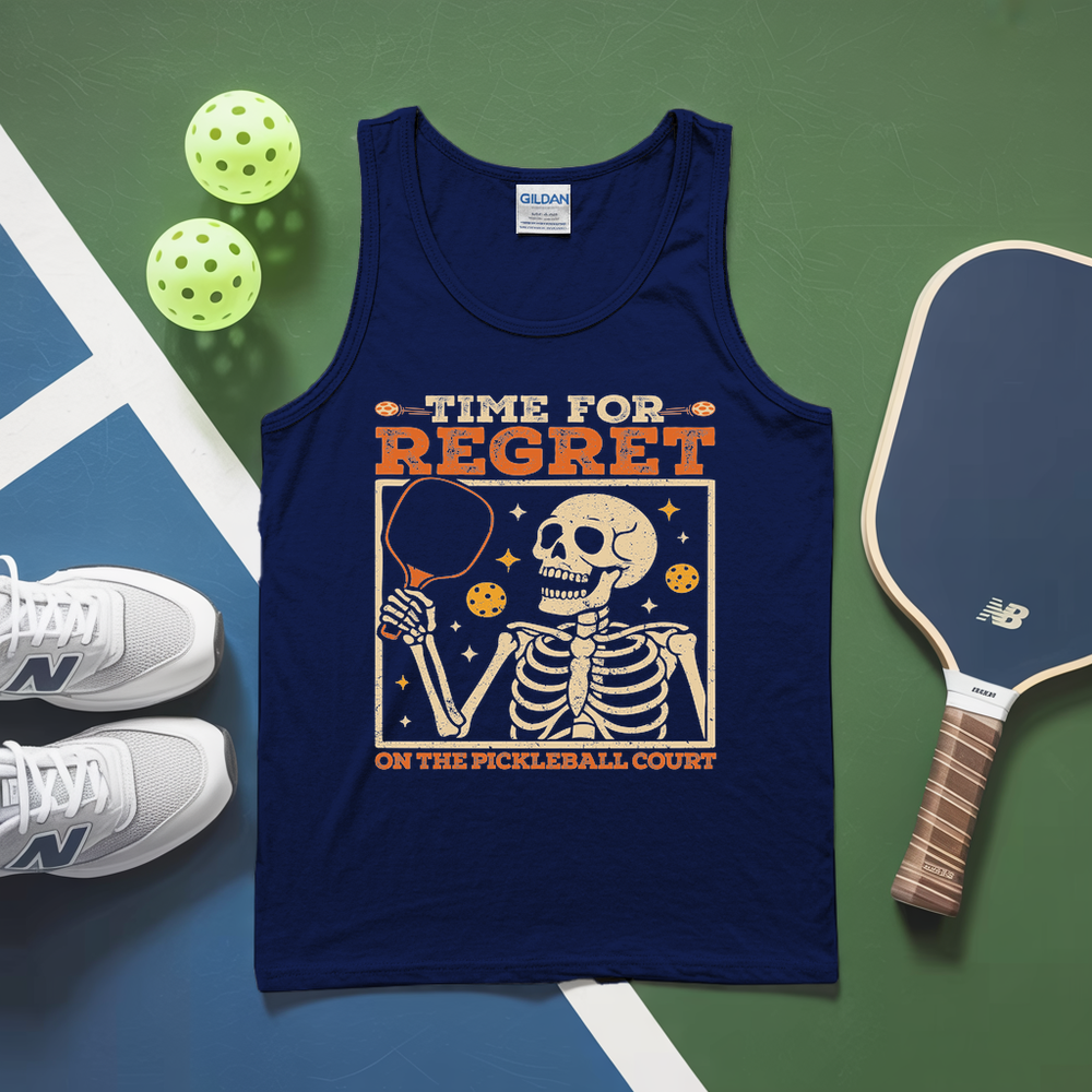 Blue tank top with skeleton design and text on a pickleball court with balls and paddle.