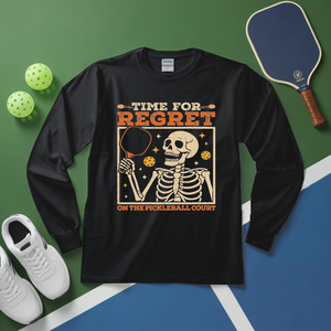 Black long-sleeve shirt with skeleton graphic and text on a pickleball court background