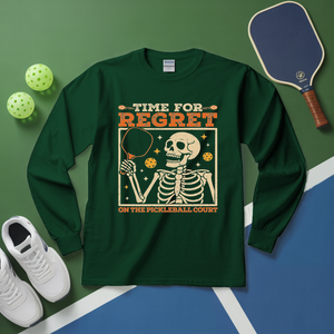 Green long-sleeve shirt with skeleton graphic and text on a pickleball court background