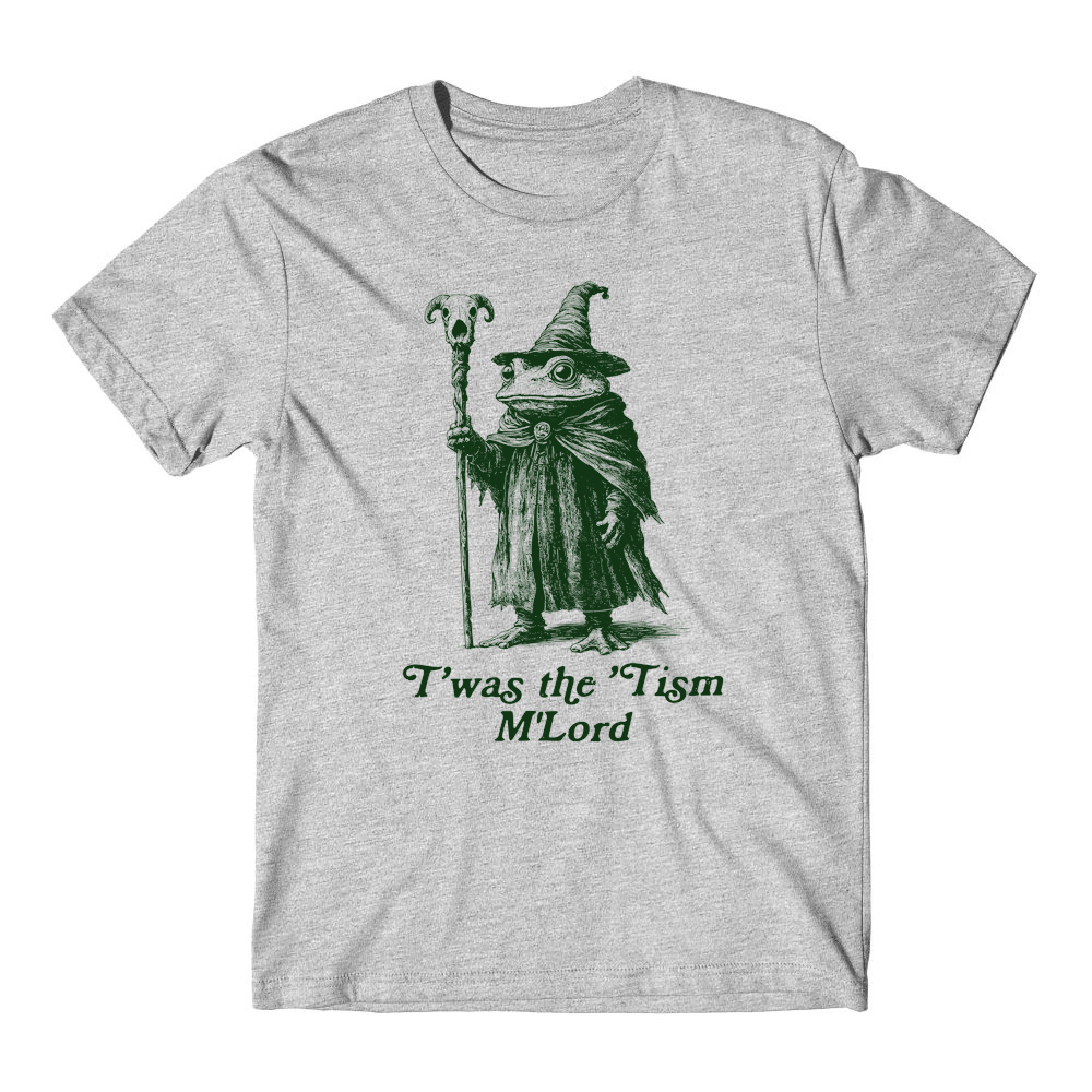 Gray t-shirt with a graphic of a creature in wizard attire and text on a white background