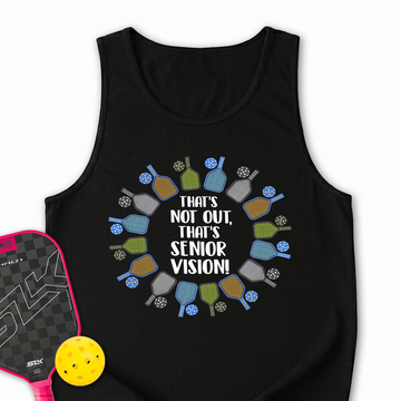 Black tank top with pickleball design and text, next to a pickleball paddle and ball on a white background