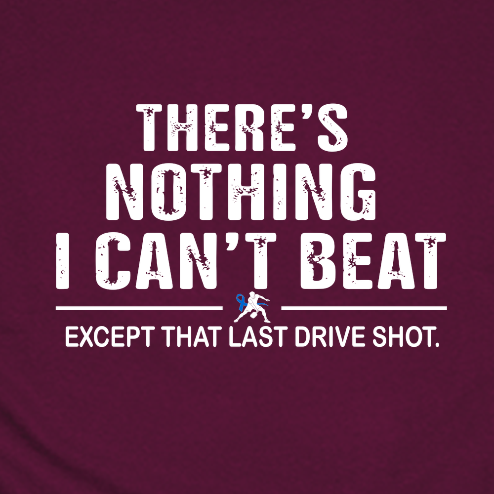 Maroon t-shirt with white text and a graphic of a golfer on a purple background