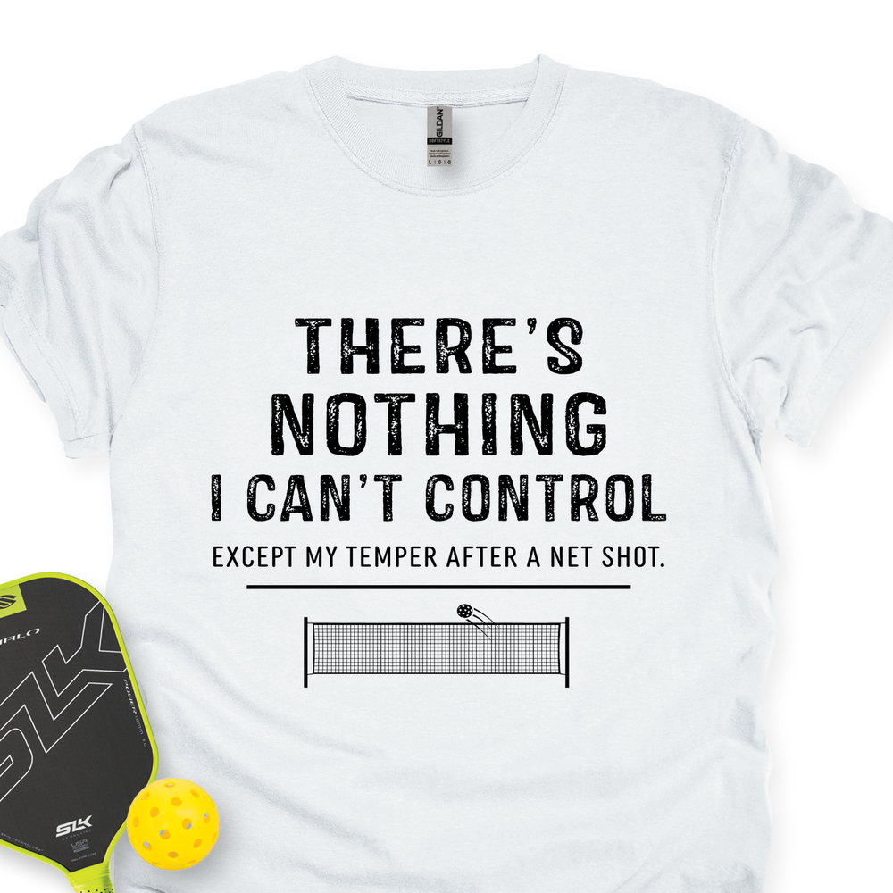 White t-shirt with humorous pickleball quote and paddle and ball on a white background