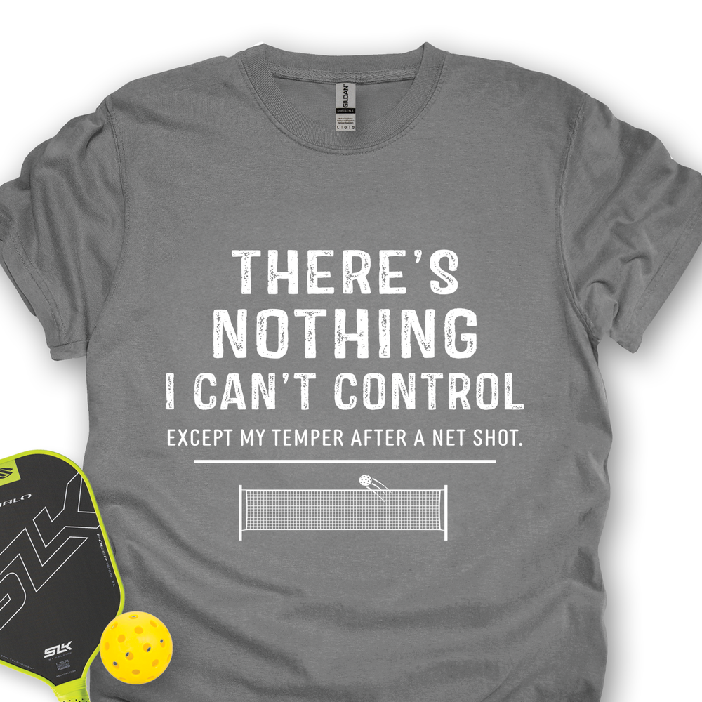 Gray t-shirt with humorous pickleball quote and paddle and ball on a white background