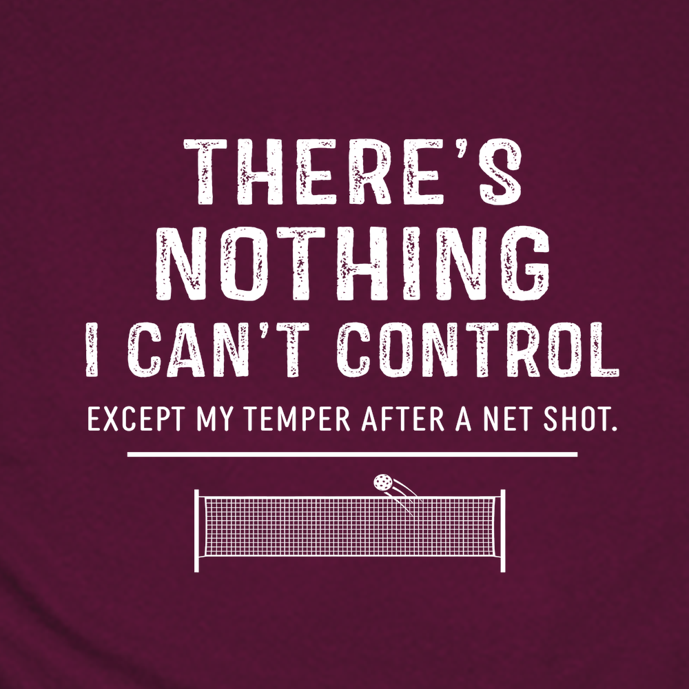 Maroon t-shirt with white text and ping pong net graphic on a dark purple background