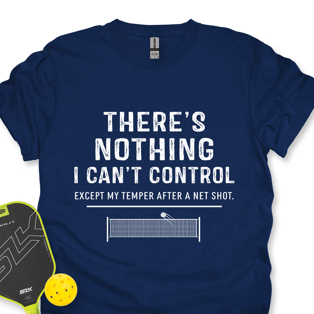 Navy blue t-shirt with humorous ping pong quote and paddle and ball on a white background