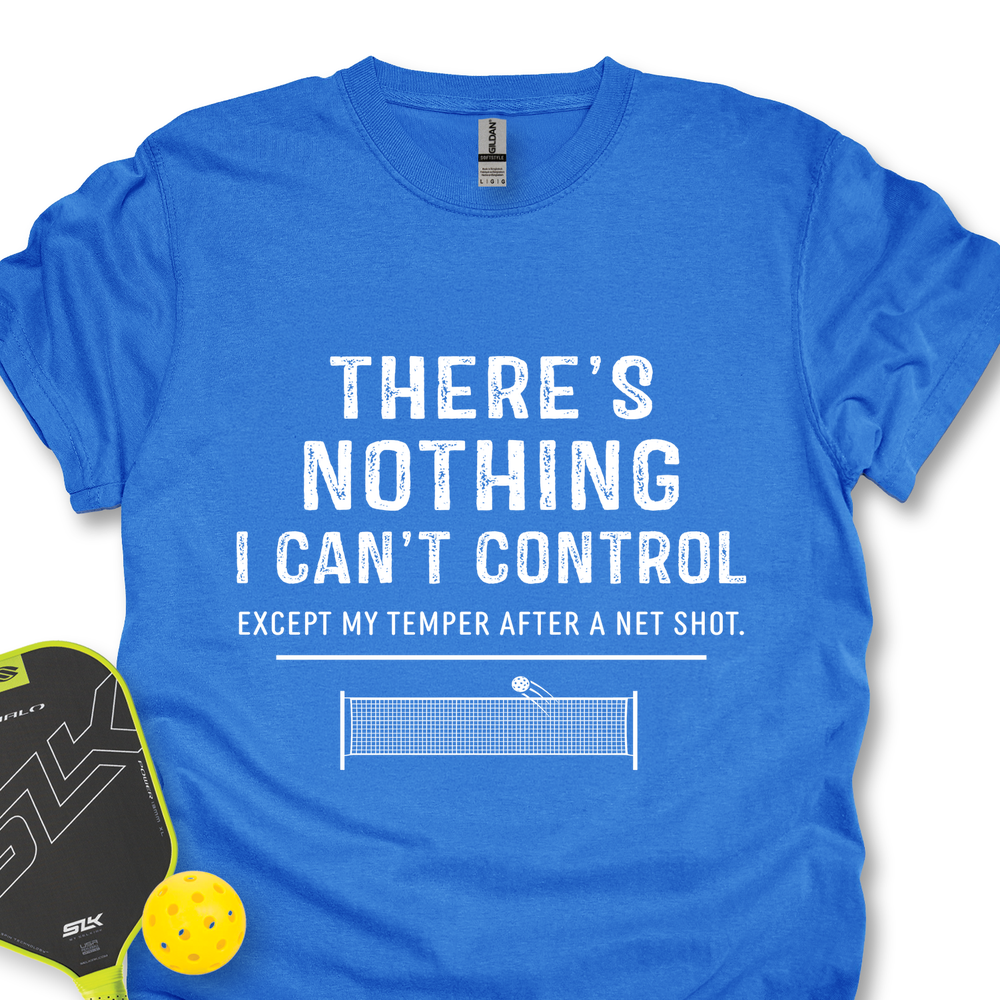 Blue t-shirt with humorous table tennis quote on a white background