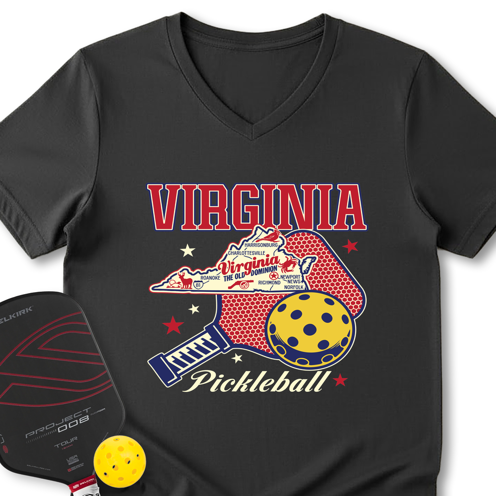 Virginia Pickleball State Map Graphic V-Neck T-Shirt - Picklechillz