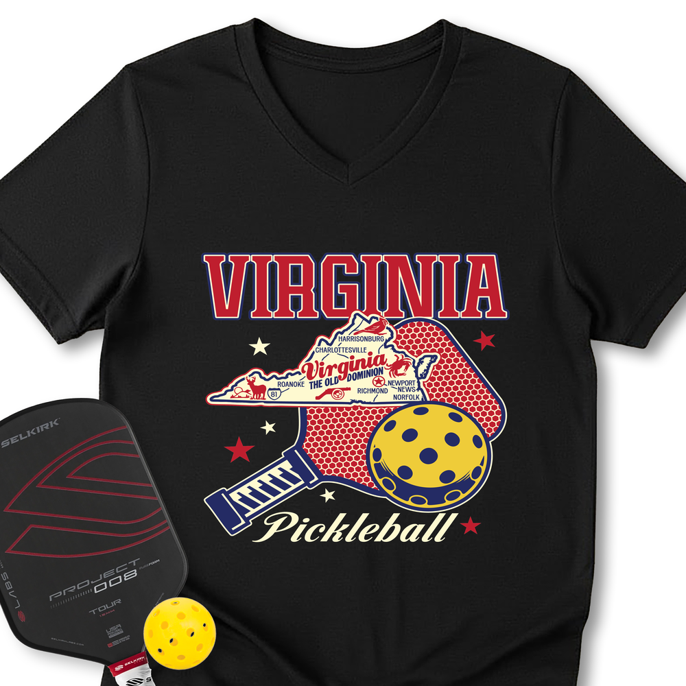 Virginia Pickleball State Map Graphic V-Neck T-Shirt - Picklechillz