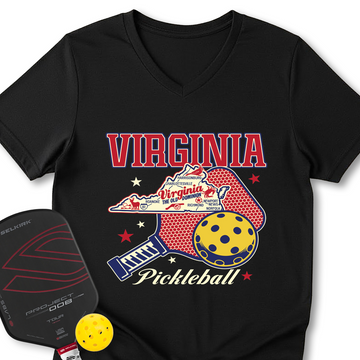 Virginia Pickleball State Map Graphic V-Neck T-Shirt - Picklechillz